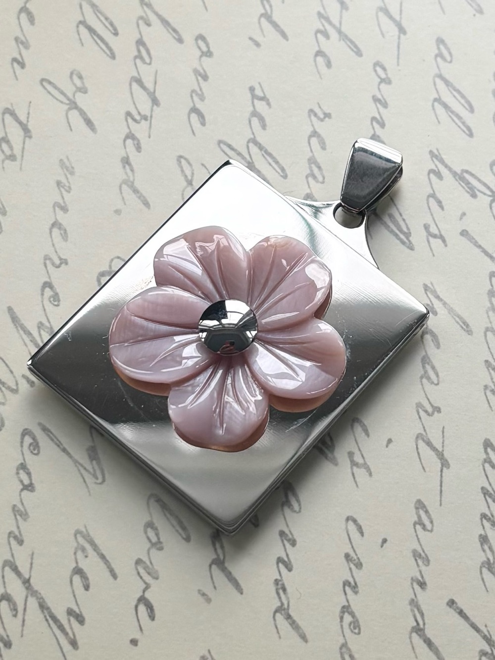 Carved Pink Flower MOP Pendant on Polished Stainless Steel
